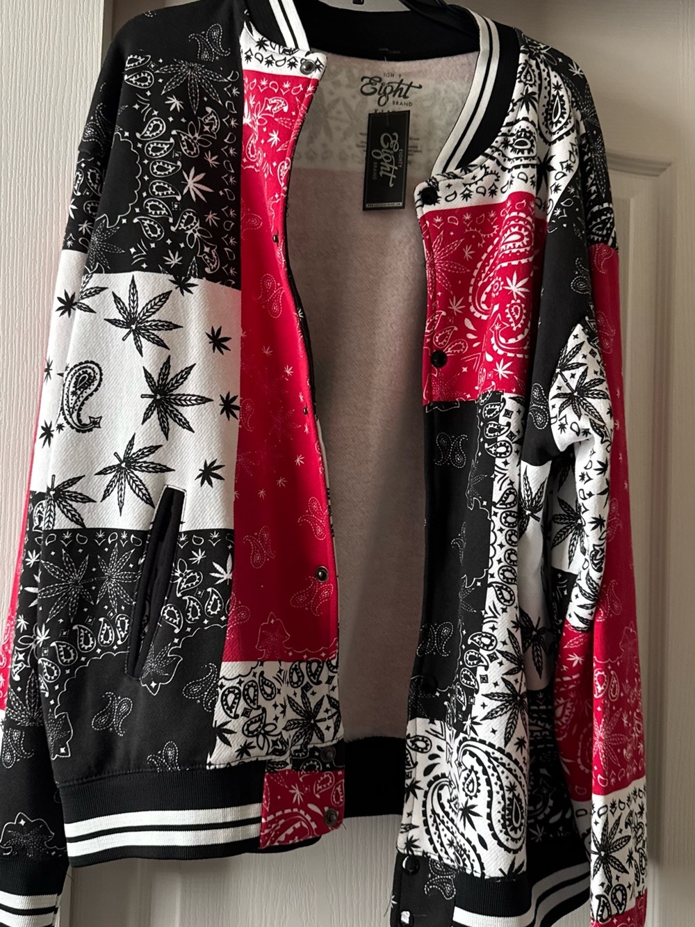 Brand Red, Black & White Patchwork Bomber Jacket